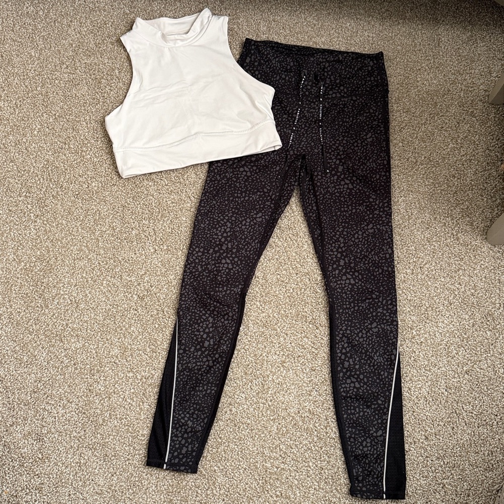 Fabletics Black Patterned Leggings with White Sports Bra Included
